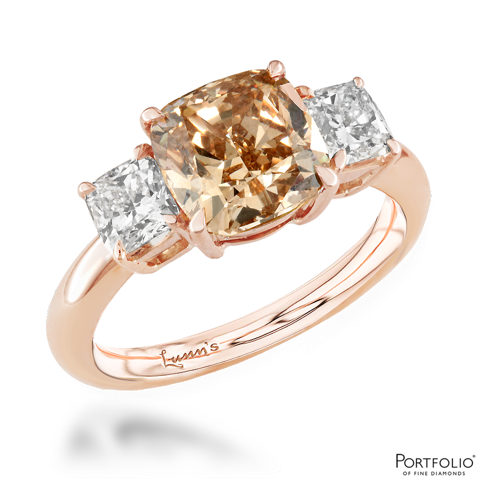 Three Stone 3.05ct Yellowish Brown SI1 Diamond Rose Gold Ring