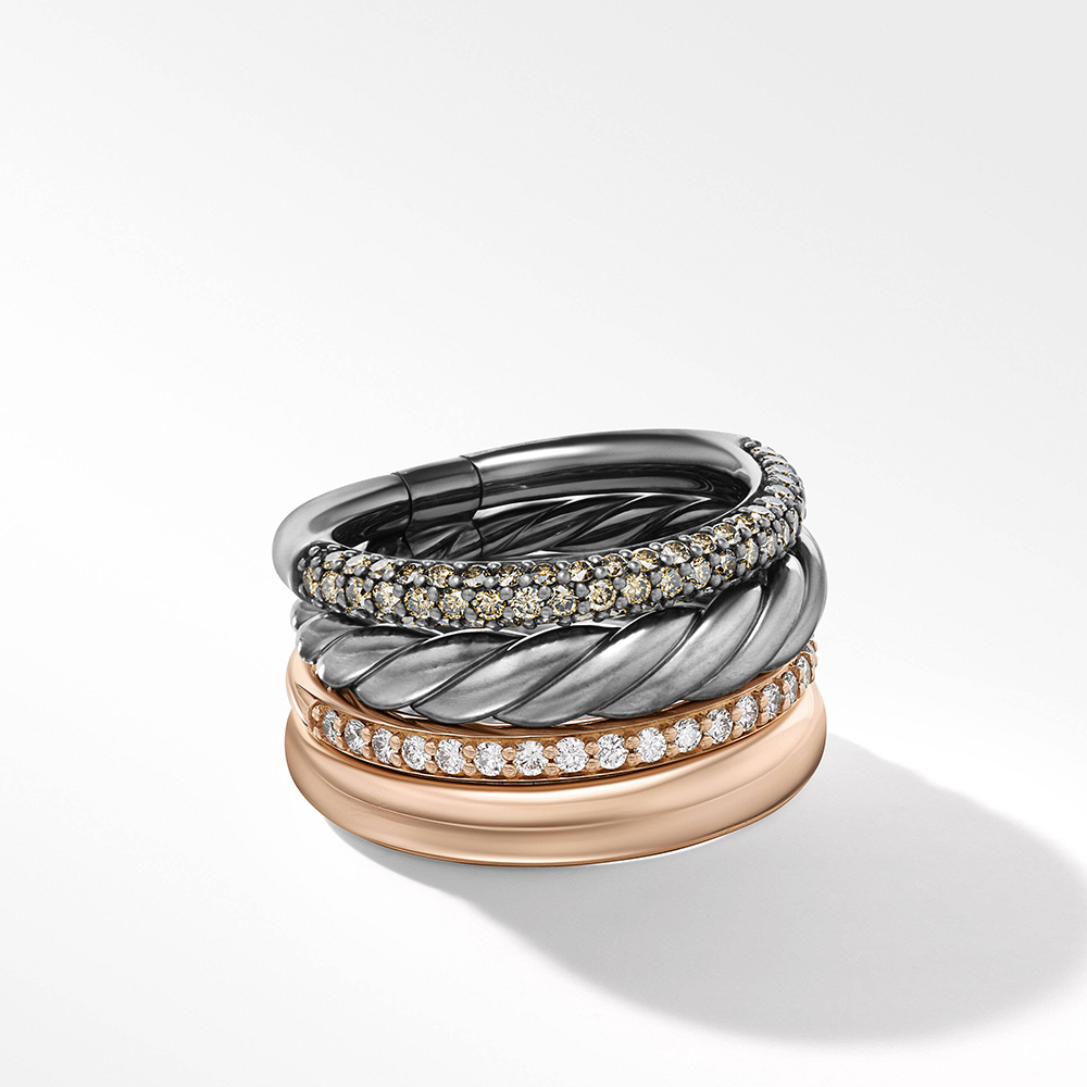 David Yurman DY Mercer™ Melange Multi Row Ring in Sterling Silver with 18ct Rose Gold and Pavé Diamonds