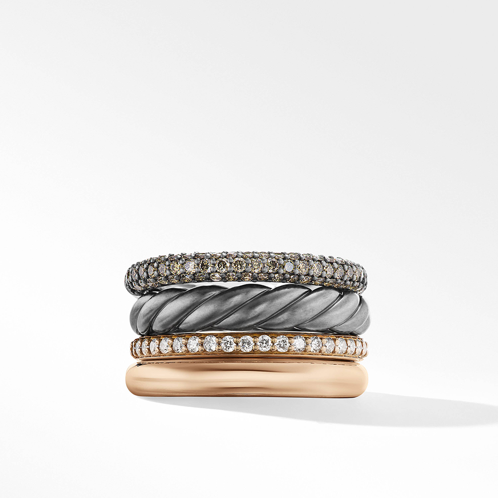 David Yurman DY Mercer™ Melange Multi Row Ring in Sterling Silver with 18ct Rose Gold and Pavé Diamonds