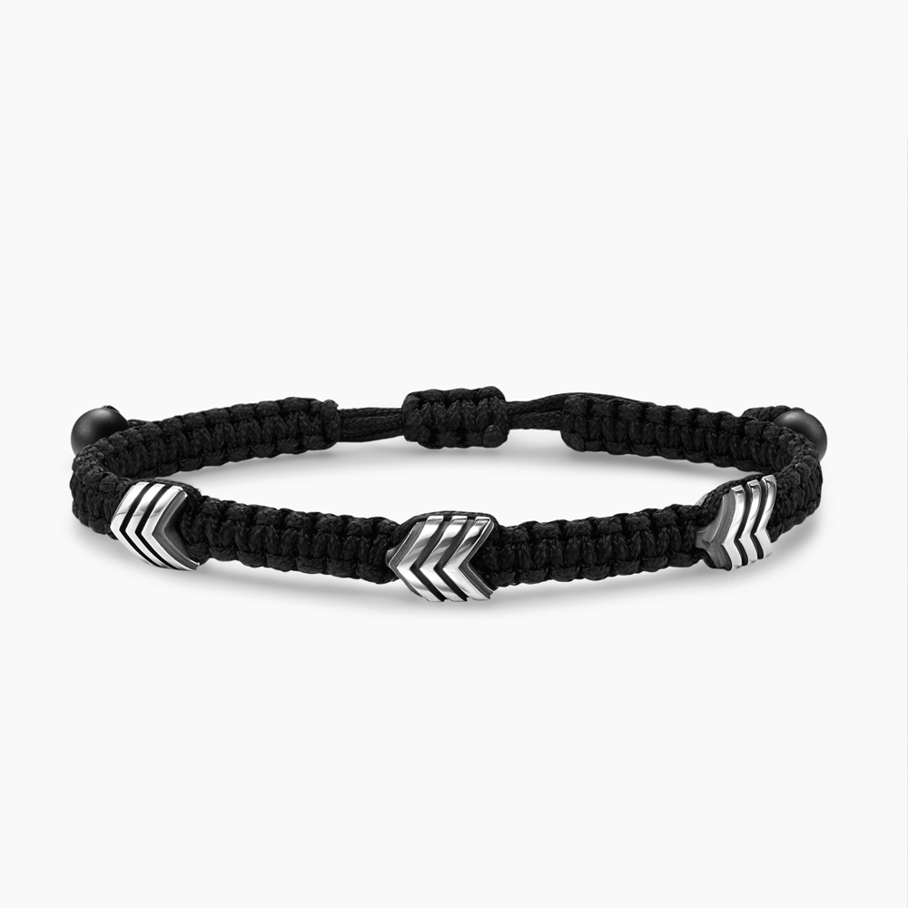 David Yurman Chevron Woven Station Bracelet Black Nylon with Sterling Silver and Black Onyx
