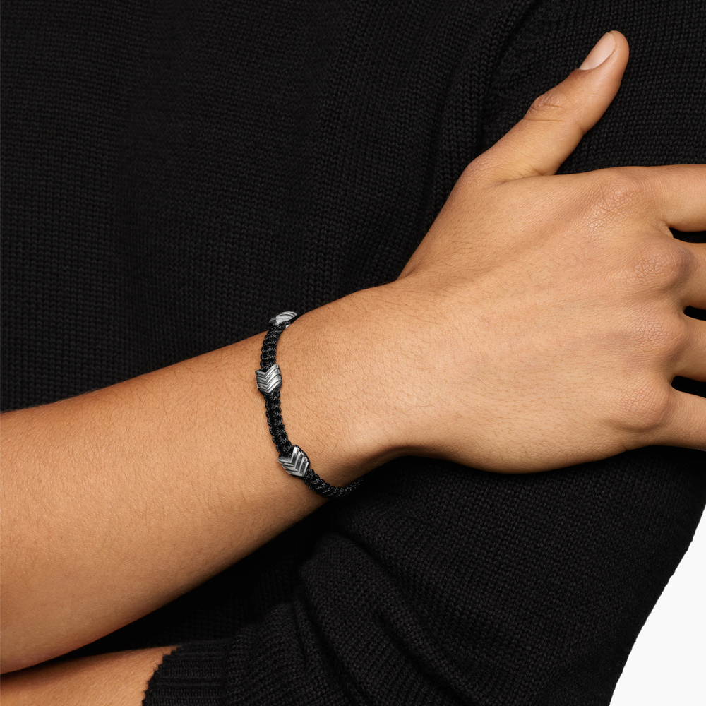 David Yurman Chevron Woven Station Bracelet Black Nylon with Sterling Silver and Black Onyx