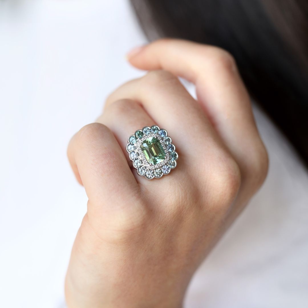 Cluster 2.81ct Green Tourmaline White Gold Ring