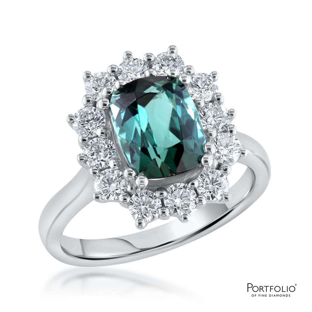 Cluster 2.64ct Teal Tourmaline Platinum Ring