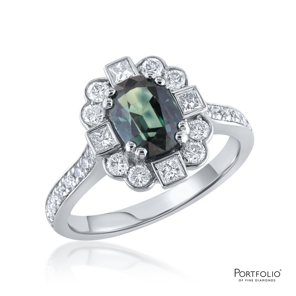 Cluster 1.76ct Green Sapphire Platinum Ring