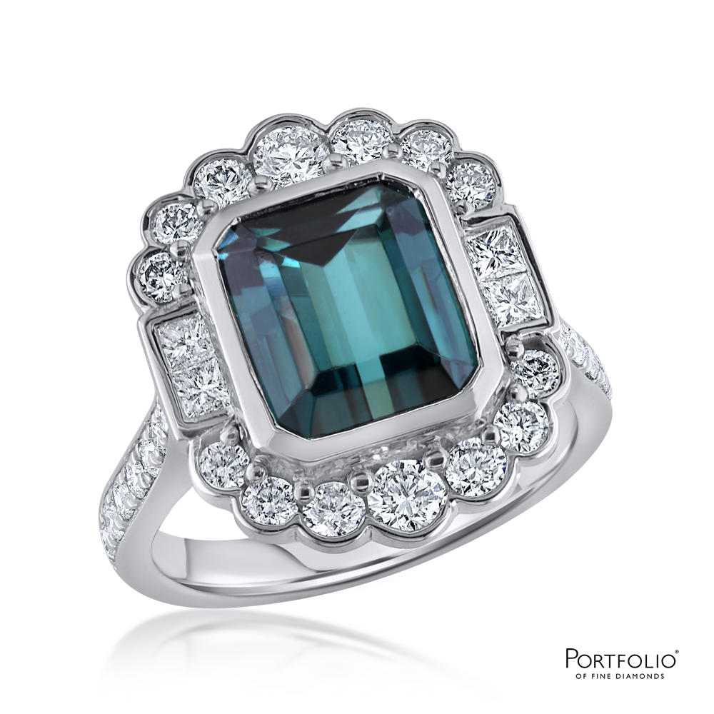 Cluster 0.84ct Teal Tourmaline Platinum Ring