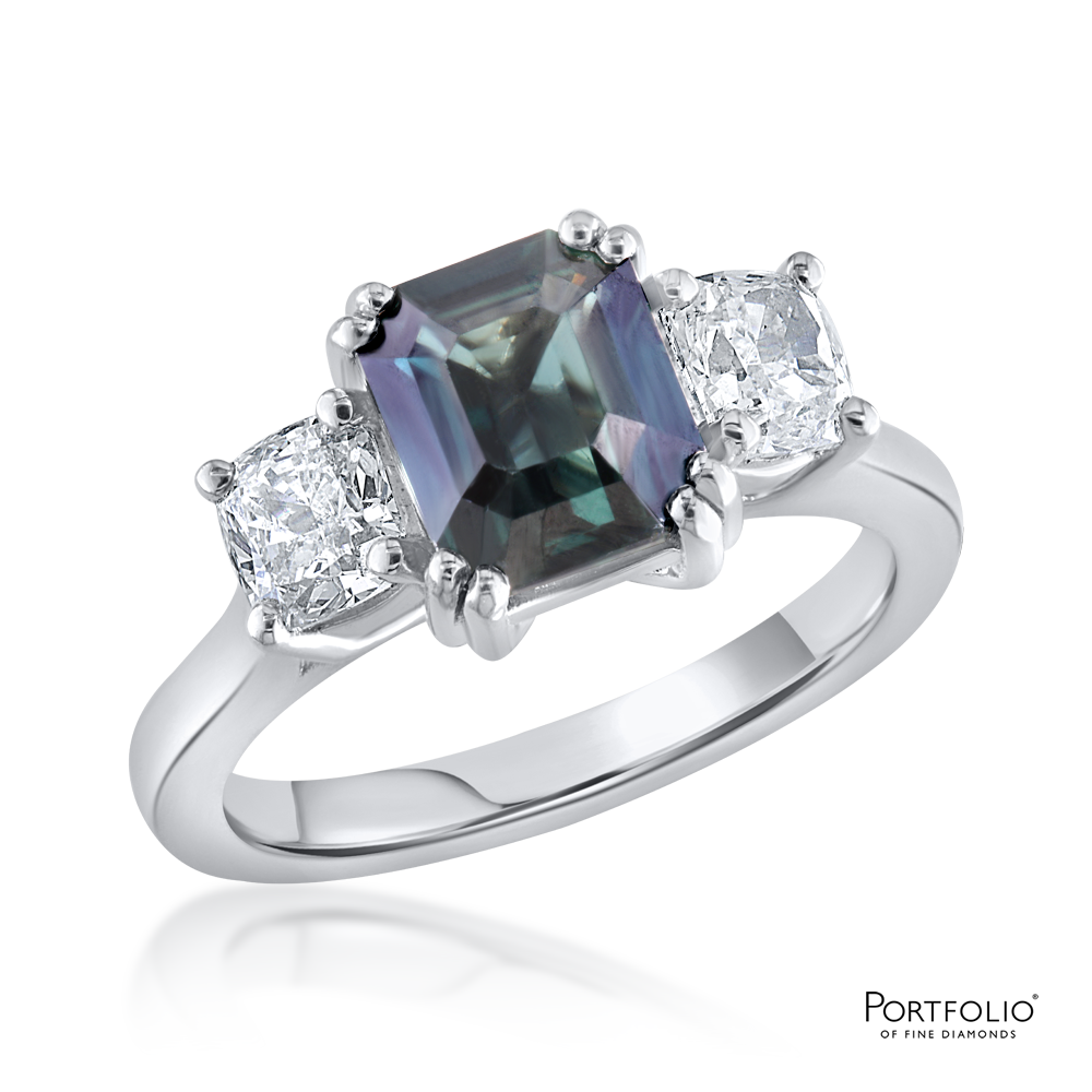 Three stone 2.42ct Teal Sapphire and Diamond Platinum Ring