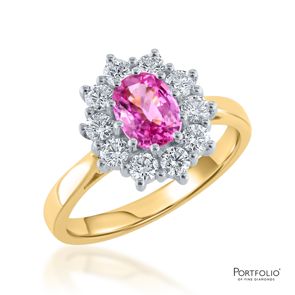 Cluster 0.98ct Pink Sapphire and Diamond Yellow Gold Ring