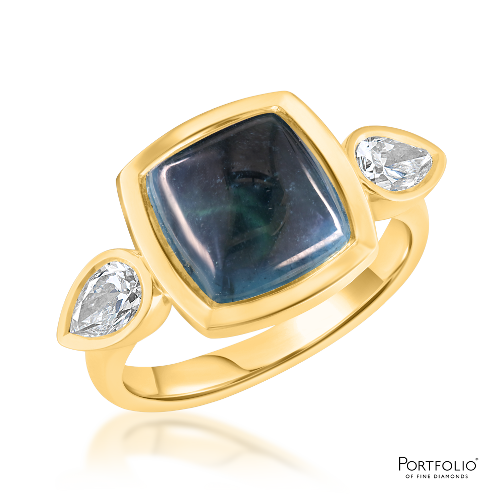 Three Stone Sugar Loaf Tourmaine and Diamond Yellow Gold Ring