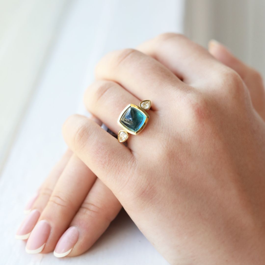 Three Stone Sugar Loaf Tourmaline and Diamond Yellow Gold Ring