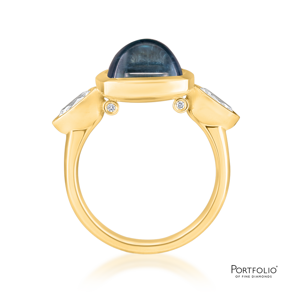 Three Stone Sugar Loaf Tourmaine and Diamond Yellow Gold Ring