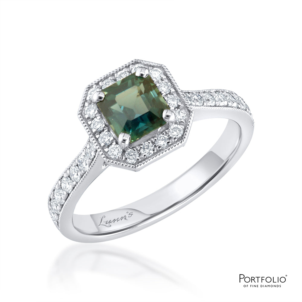 Cluster 1.02ct Teal Sapphire Platinum Ring