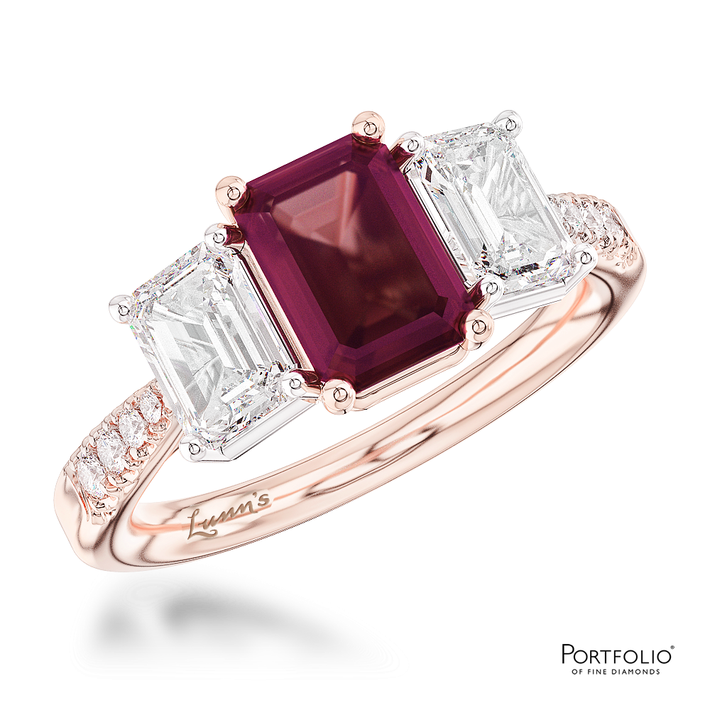 Three Stone 1.39ct Ruby Rose Gold/Platinum Ring