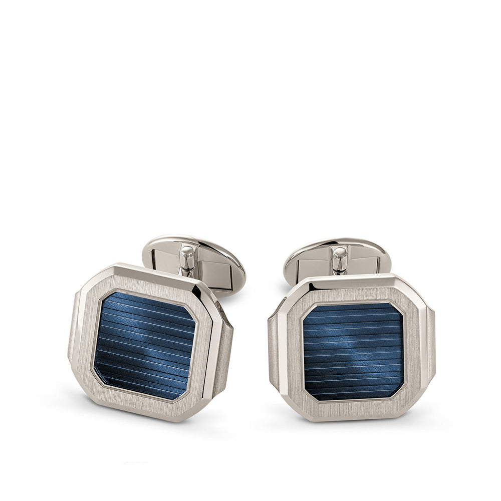 Patek Philippe Cubitus Cuff Links. White gold with Sunburst blue center with embossed horizontal pattern.