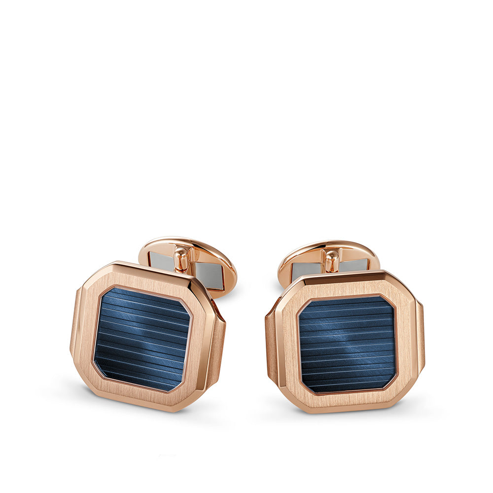 Patek Philippe Cubitus Cuff Links. Rose gold. Sunburst blue center, horizontally embossed.