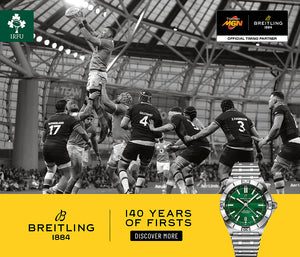 IRFU Black and white rugby scene alongside a yellow background featuring Breitling Logo and the Ireland Six Nations Breitling Chronomat Stainless Steel watch