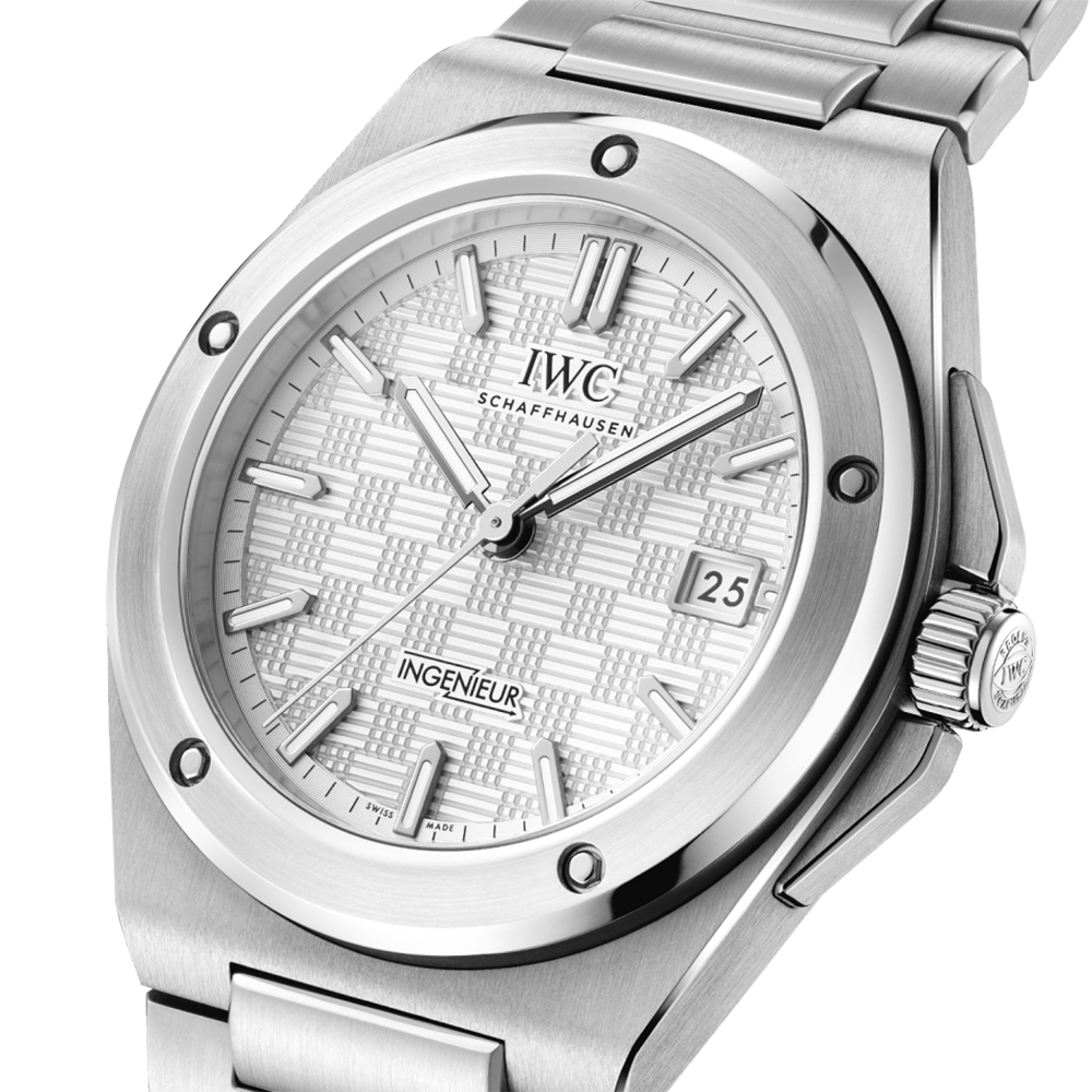 Close up of IWC Ingenieur Automatic 40 Watch with Silver White dial IWC328902 at Lunn's Jewellers