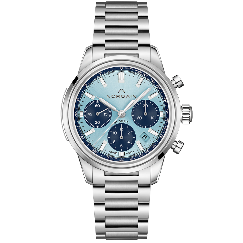 NORQAIN Freedom 60 Chrono 40mm Silver watch with a light blue face and navy blue accents