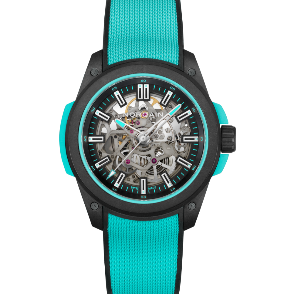 NORQAIN Wild ONE Skeleton 42mm
Turquoise Watch with turquoise strap and black case on a white background