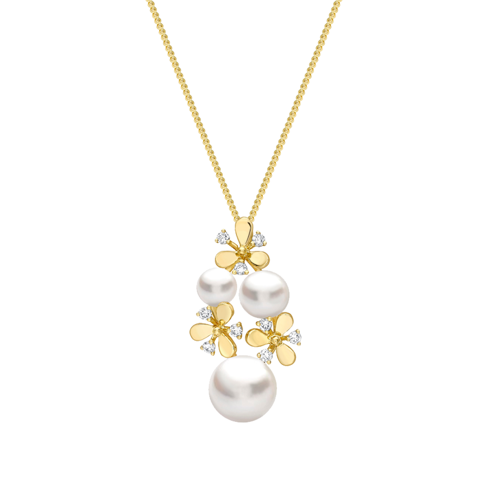 Pearl and Diamond Floral Drop Necklace