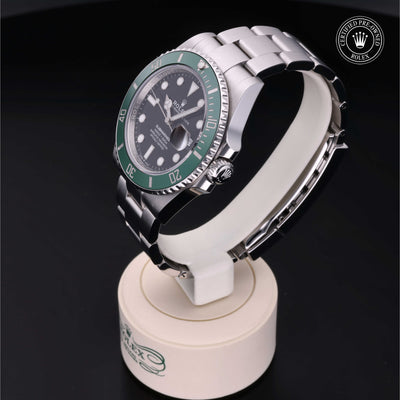 Side Rolex Certified Pre-Owned Submarinar Date Stainless Steel with Black Dial and Green Bezel