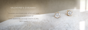 Yellow Gold Diamond Solitaire stud earrings on a neutral background with text: Valentine's Day Giveaway. Jewellery purchases over £750 will be entered into a draw to win a pair of Lunn's Love Diamonds earrings.