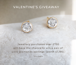 Yellow Gold Diamond Solitaire stud earrings on a neutral background with text: Valentine's Day Giveaway. Jewellery purchases over £750 will be entered into a draw to win a pair of Lunn's Love Diamonds earrings.