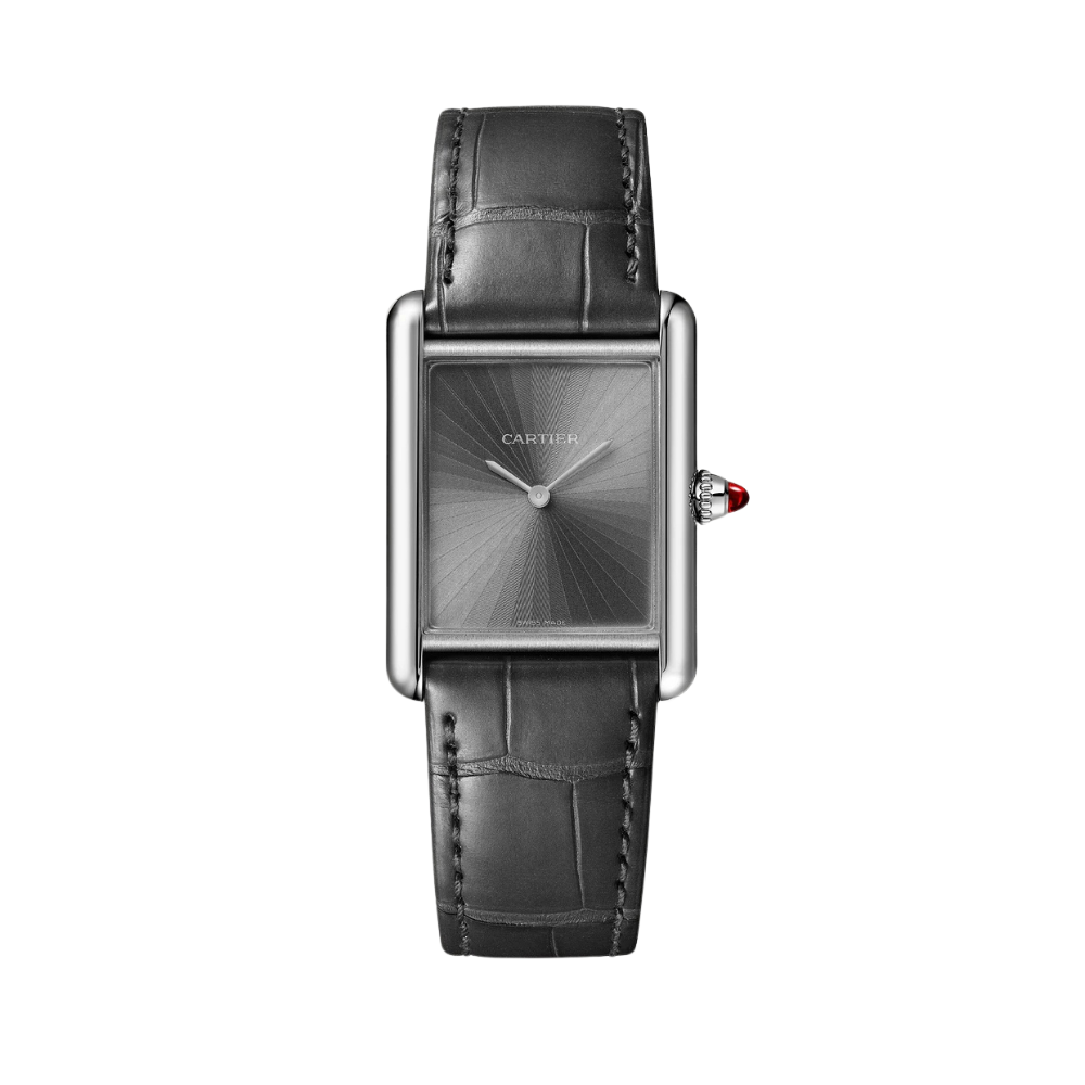 Full view of Cartier Tank Louis reference WGTA0303 in platinum, graphite-grey dial and grey alligator leather strap.