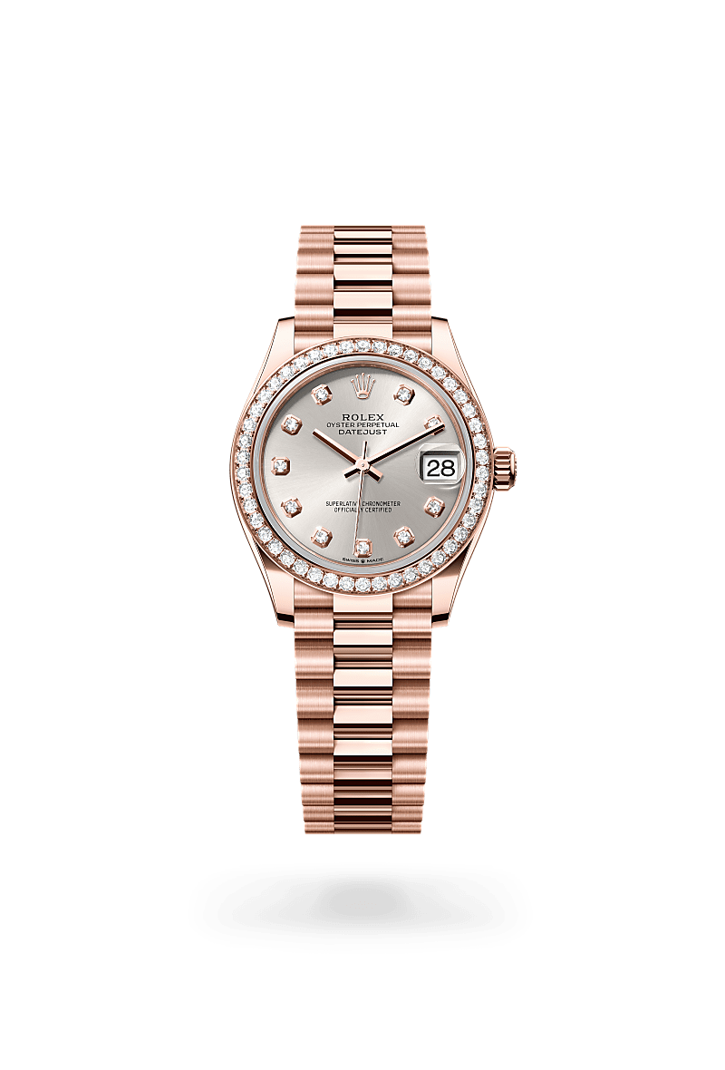 Rolex Oyster, 28 mm, Oystersteel, Everose gold and diamonds in Everose Rolesor - combination of Oystersteel and Everose gold, M279381RBR-0021 at Lunn's Jewellers