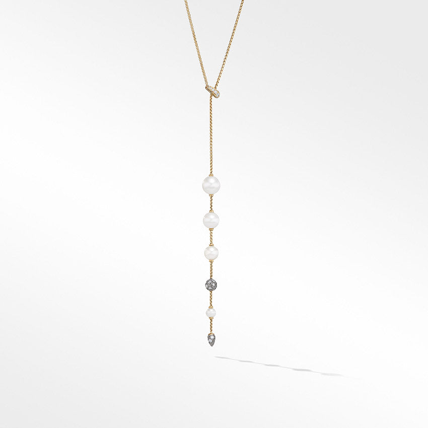 David Yurman Pearl and Pavé Y Necklace in 18ct Yellow Gold with Diamonds