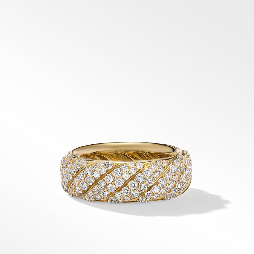 David Yurman Sculpted Cable Band Ring in 18ct Yellow Gold with Pavé Diamonds