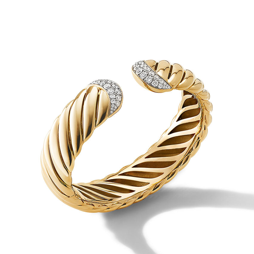 David Yurman Sculpted Cable Cuff Bracelet in 18ct Yellow Gold with Pavé Diamonds
