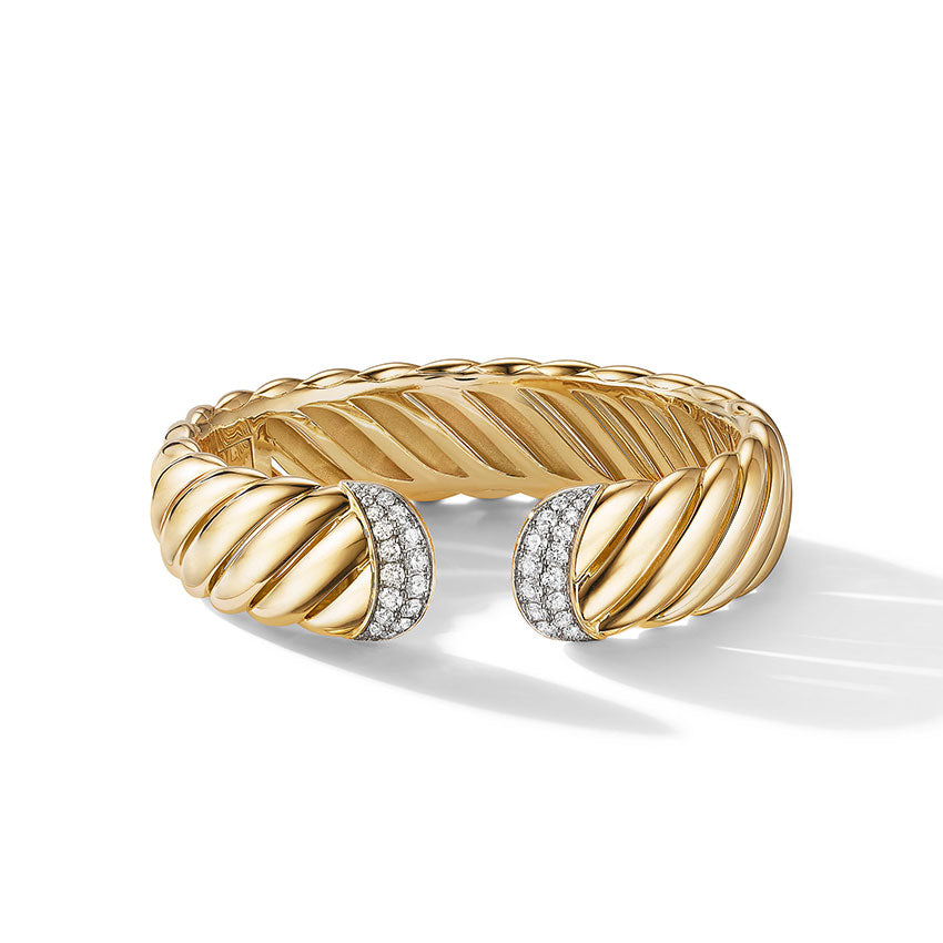 David Yurman Sculpted Cable Cuff Bracelet in 18ct Yellow Gold with Pavé Diamonds