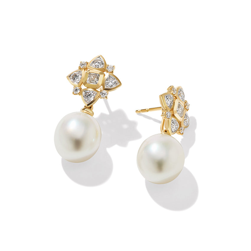 David Yurman Renaissance Pearl Trillion Drop Earrings in 18ct Yellow Gold with Diamonds