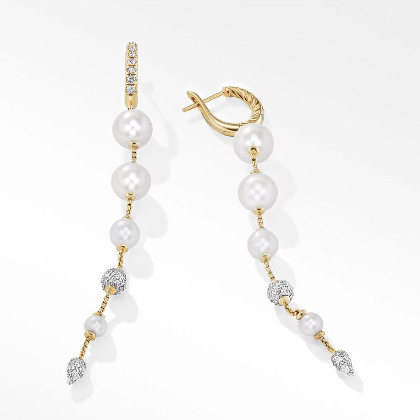 David Yurman Pearl and Pavé Drop Earrings in 18ct Yellow Gold with Diamonds